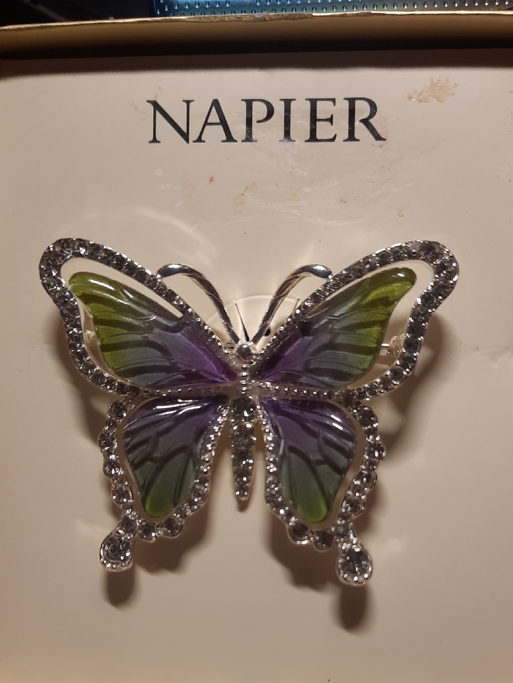 Napier Green and Purple Enamel Butterfly Pin with Rhinestones